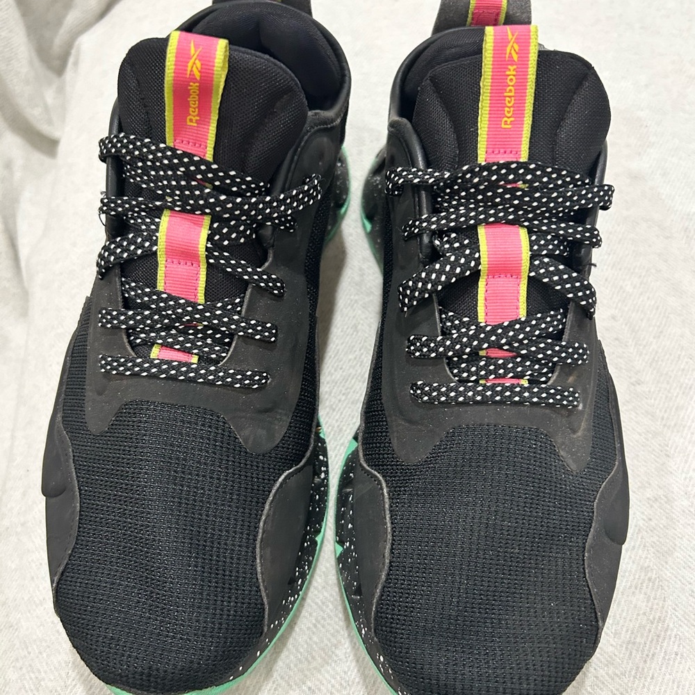 Reebok Black Zigzag Sneakers with Pink/Yellow and Green Accents Black & White